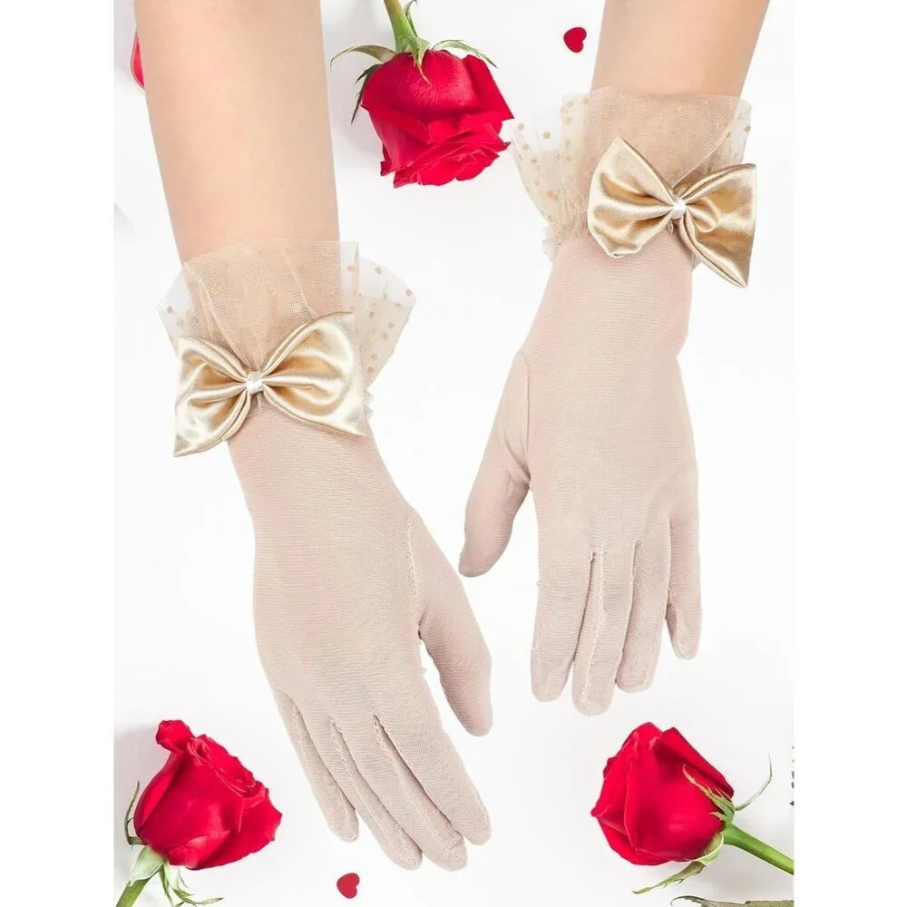 Women's Short Skin Bow Lace Gloves Tea Party Elegant Opera Wedding Accessories